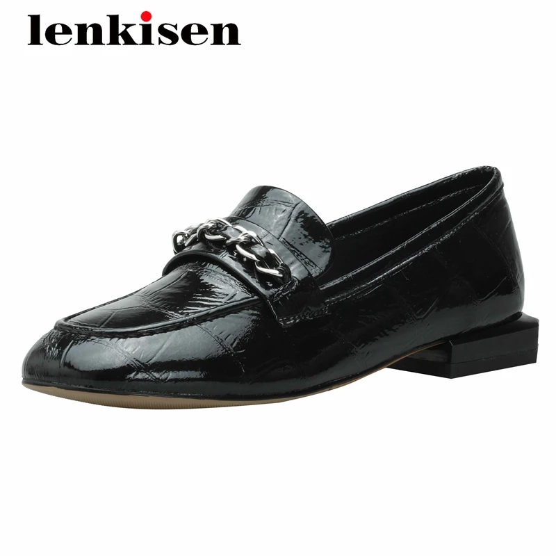 

Lenkisen comfortable patent leather gingham chain decorations round toe low heel slip on daily wear dress modern women pumps L21