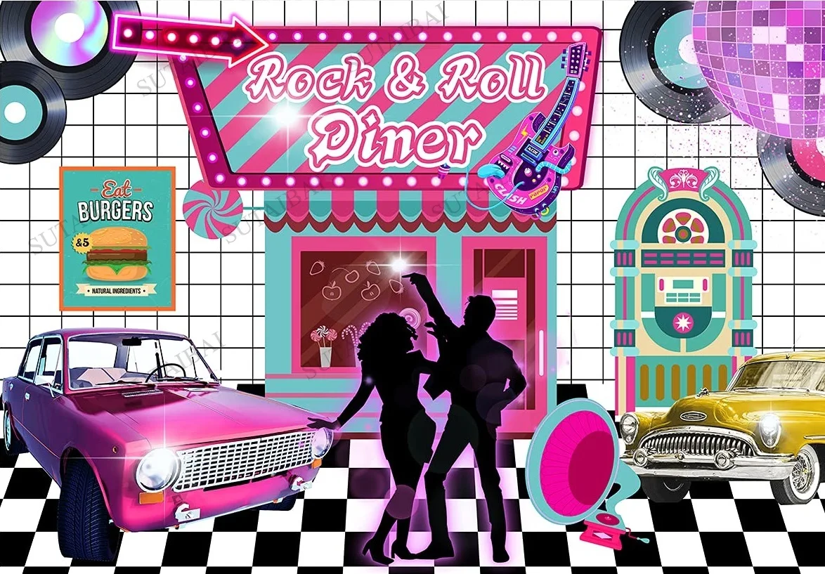 Retro 50's Rock and Roll Theme Birthday Photography Backdrop 1950 Dinner Party Background Cake Table Decorations Photo Studio enlarge