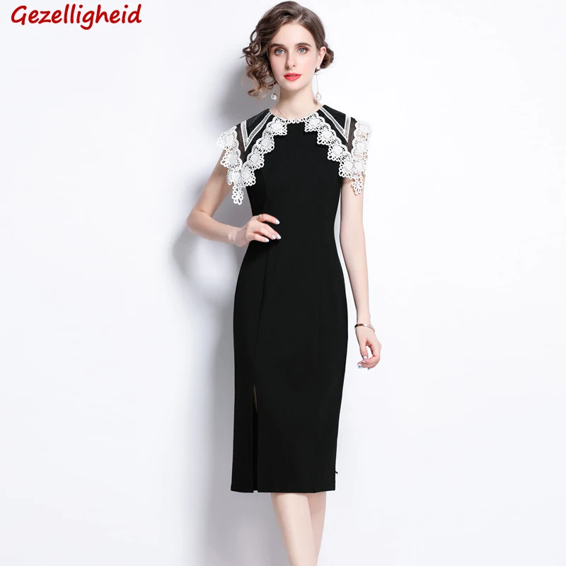 

Gezelligheid Dresses For Women 2021 Summer New Fashion Elegant Temperament Slim Doll Collar Party Luxury Split Female Midi Dress