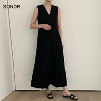 korea fashion one piece women dress 2020 summer vintage cotton linen v neck sleeveless pleated solid color tank dress maxi dress