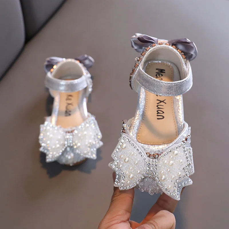 Summer Baby Girls Leather Shoes New Children Glitter Wedding Sandals Kids Bow-knot Rhinestone Princess Flats Shoes