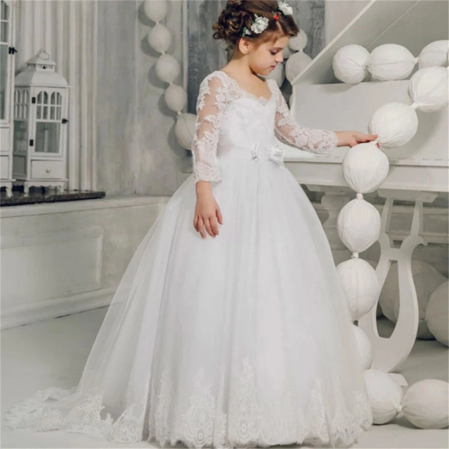 

White V-Neck Backless Long sleeve Flower Girl Dress Applique Fluffy Tulle Ball Gown Girl Holy Communion Birthday Party Dress
