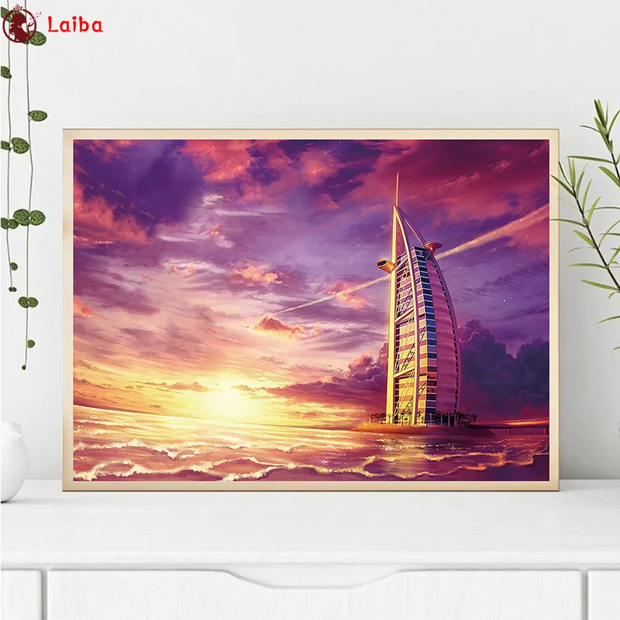 

full Diy diamond painting Hot selling home fantasy art sunset ocean buildings picture rhinestones embroidery diamond mosaic
