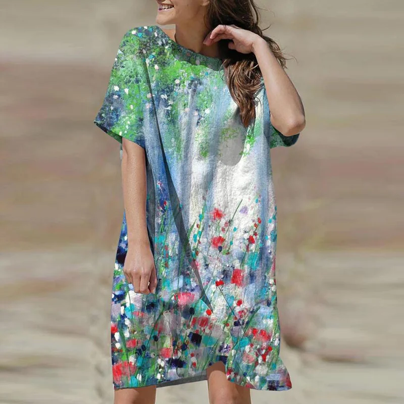 

Dress For Women Summer Women Clothing Elegant Vintage Dress O Neck Floral Printing Female Dresses