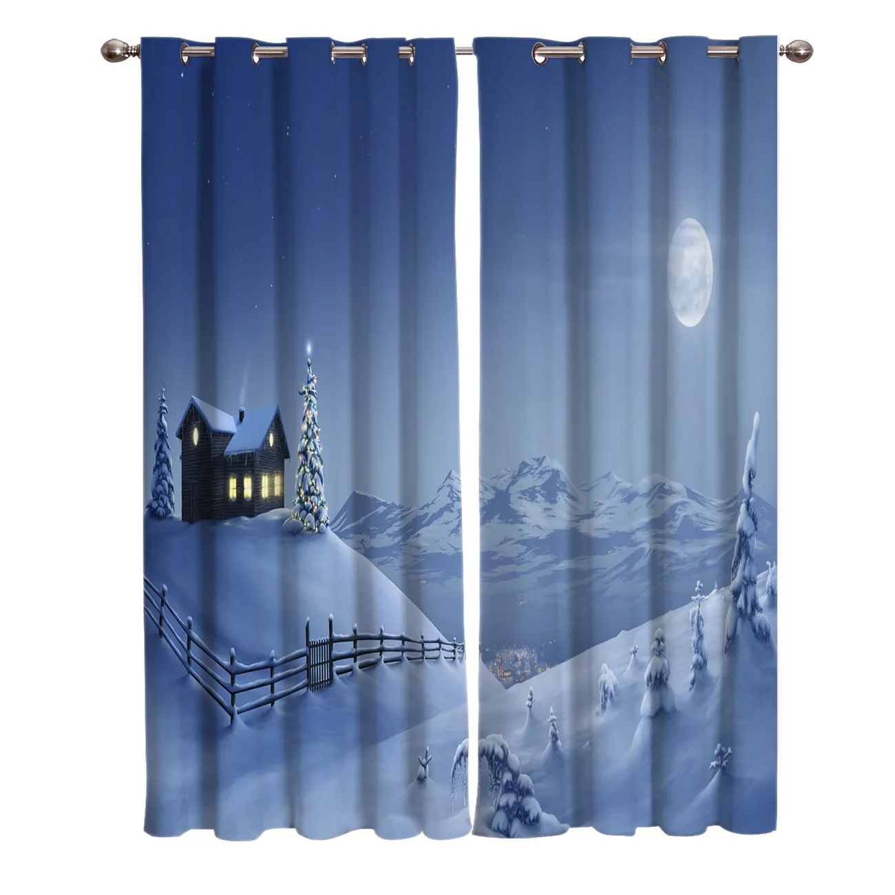 Домик Рождественская елка луна окно занавески Живописные Занавески для гостиной