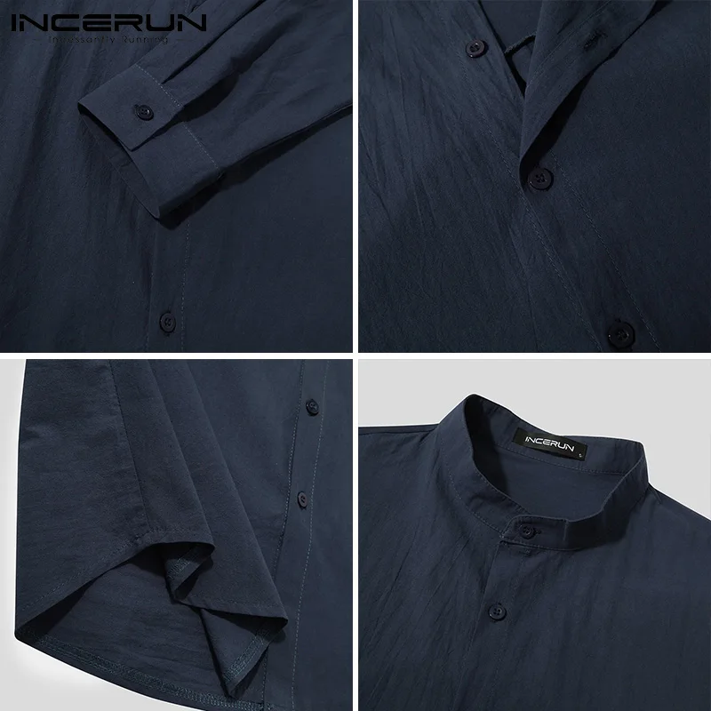 

INCERUN Men Shirt Stand Collar Streetwear Solid Color Cotton Long Sleeve Casual Shirts Breathable Button Vintage Camisas S-3XL