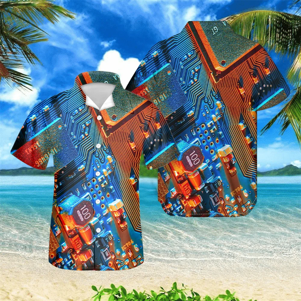 

Гавайская рубашка мужская с коротким рукавом, повседневная сорочка на пуговицах, с электронным принтом, с отложным воротником, дизайнерска...