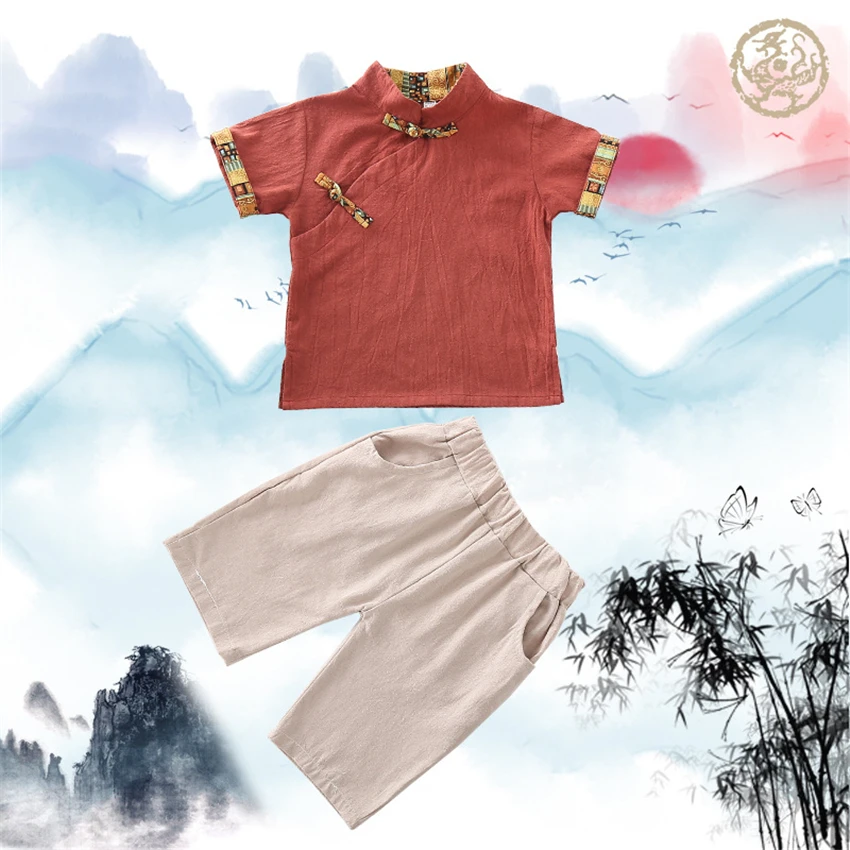 Традиционный китайский комплект одежды для детей льняные Летние повседневные
