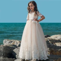 champagne half sleeve flower girls dresses for wedding elegant lace applique a line girls gowns with waistband custom