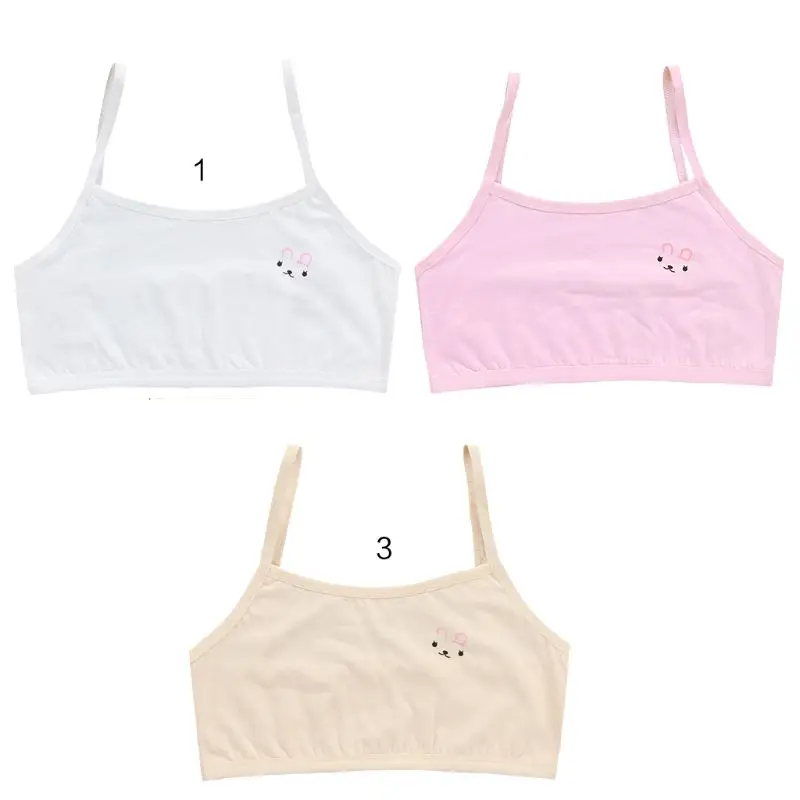 

Teenage Puberty Girls Solid Color Double Layer Underwear Bra Spaghetti Strap Cute Cartoon Rabbit Bralette Summer Basic Crop Top