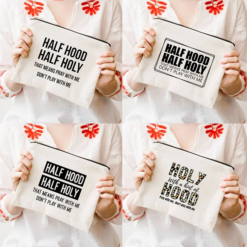 

Half Hood Half Holy Letter Printed Cosmetic Bags Women Zipper Makeup Bag Toiletries Kit Travel Organizer Pouch Purse Lady Clutch