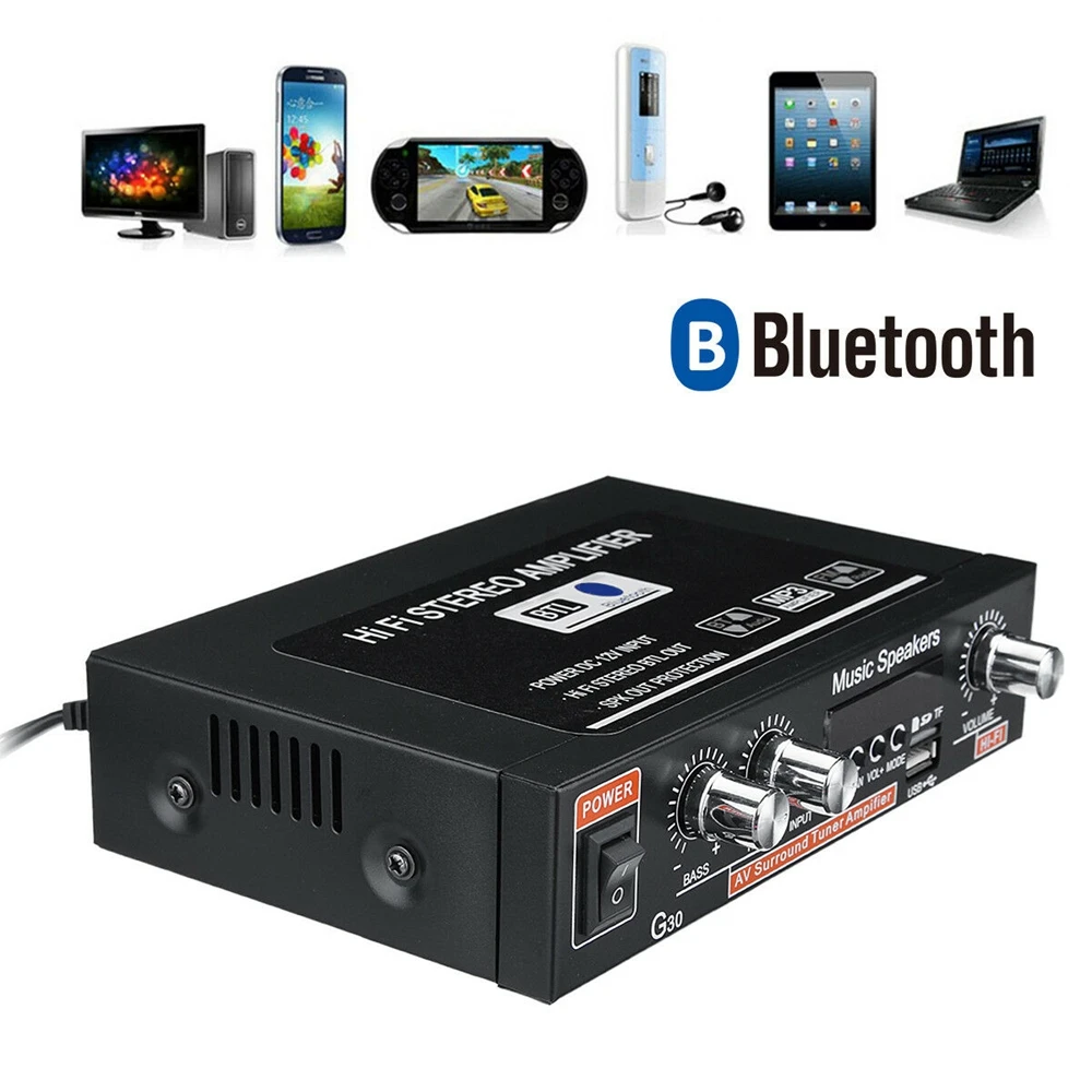 

Универсальный автомобильный усилитель звука G30 HIFI Bluetooth, FM-радио плеер с поддержкой SD / USB / DVD / MP3 с пультом дистанционного управления