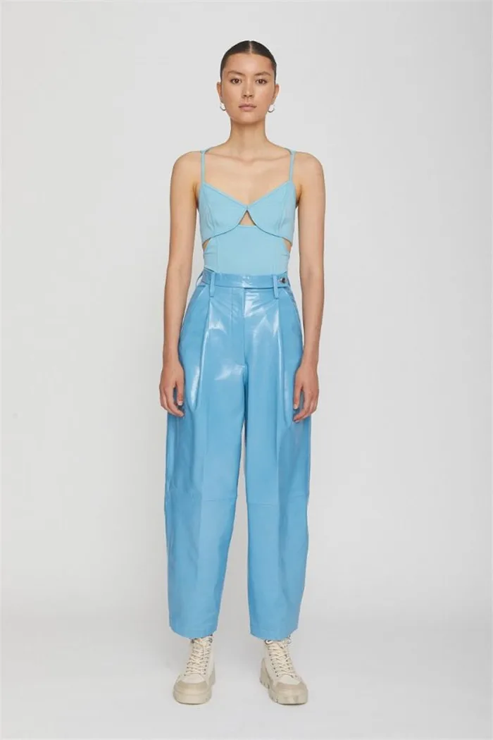 Fashion Brand blue glossy Patent pu leather pants Spring autumn Female package hip Quality Slim Harem Pants F2627 dropship