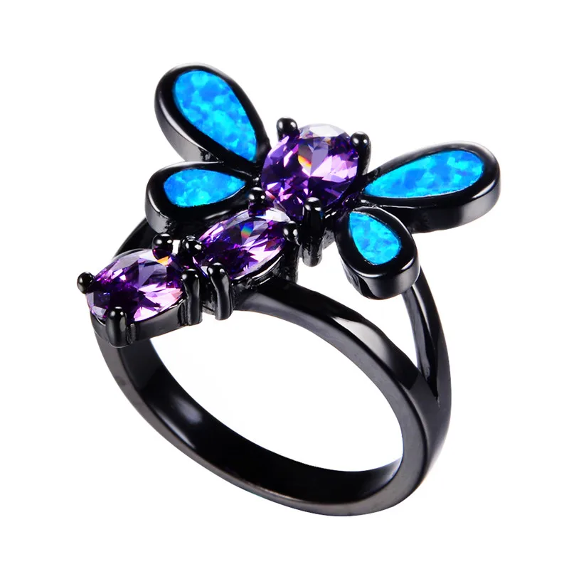 

Cute Female Blue Fire Opal Ring Vintage 14KT Black Gold Dragonfly Wedding Rings For Women Promise Purple Oval Engagement Ring