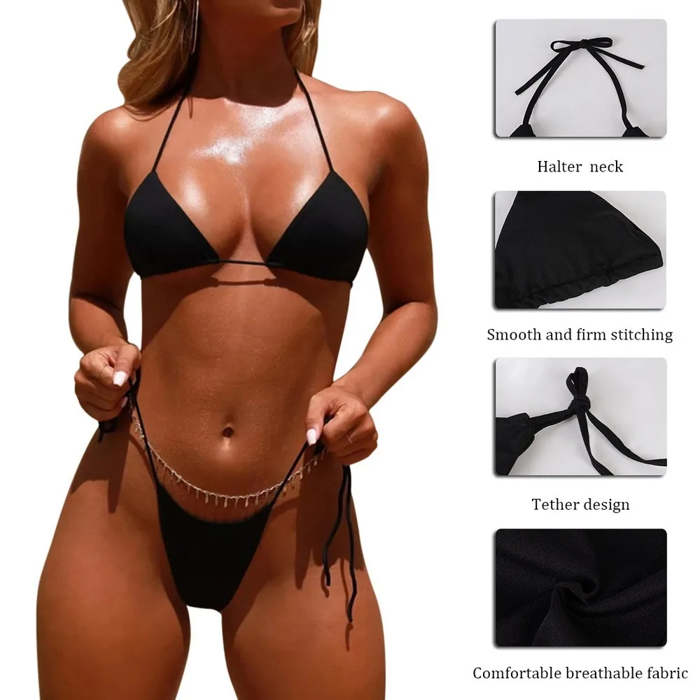 

Sexy Women Bikinis Set Brazilian Push Up Bra Lace-up Thong Two-Pieces Swim Suits Halter Swimwear Thin Shoulder Strap Beachwear