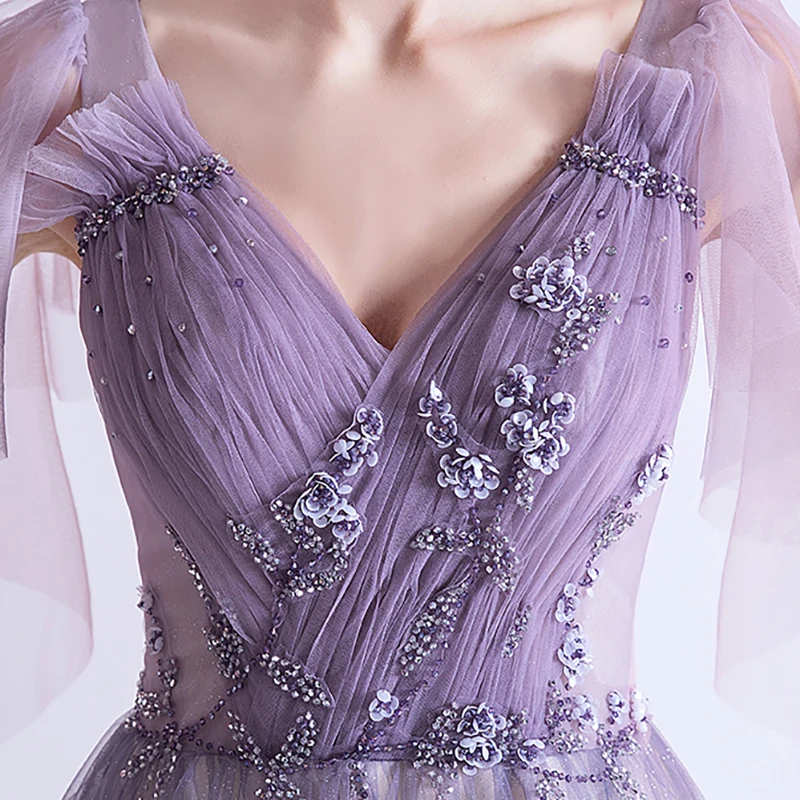 

Luxury Purple Evening Dress Illusion A-Line V-Neck Pleat Crystal Beading Floor-Length Tulle Sequined Women Formal Dresses TS432