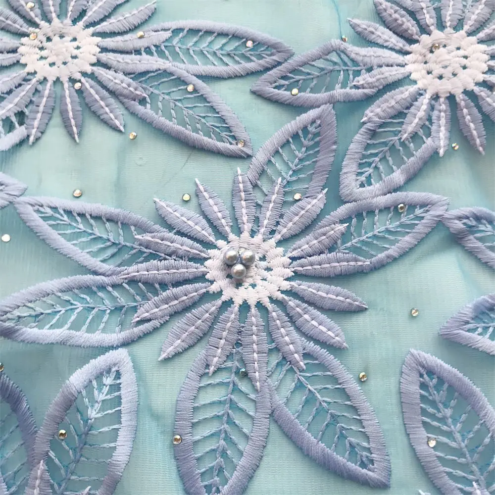 

2020 Dubai French Tulle Lace Fabric Bridal Nigerian Cord Lace Fabric For Dresses Blue Africa High Quality Lace Fabric With Beads