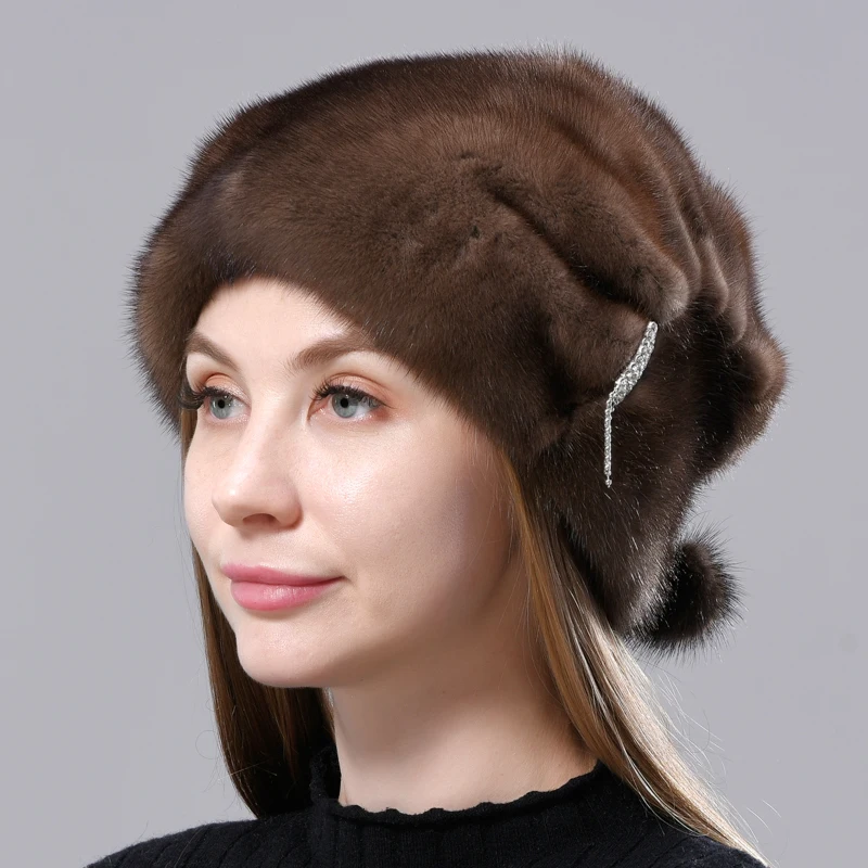 

Fur Hats Women Winter Stylish Warm Natural Mink Fur Luxury Caps Windproof anti cold Snow Ball Diamond Hat