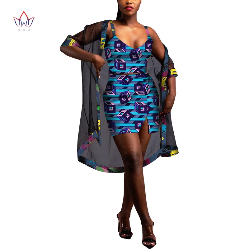 2 Pcs Set Dashiki African Dresses for Women Bazin Riche Ankara Print Mini Dresses and Shawl Top Women African Clothing  WY7038