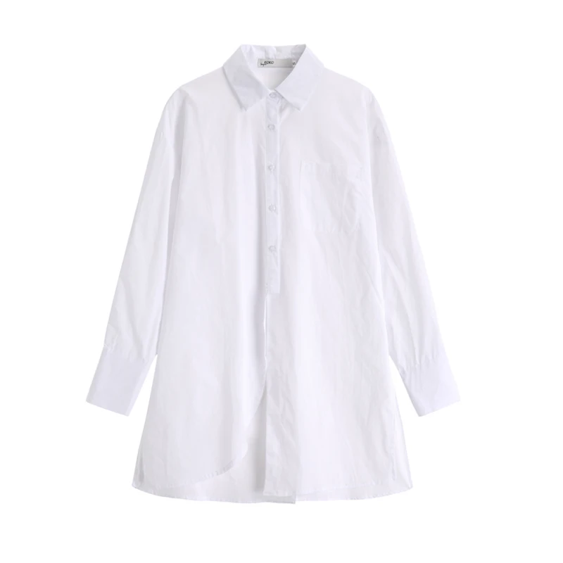 

100% Cotton White Women Shirts Irregular Style Pocket Long SLeeve Blouses Casual Loose Korean Design Tops Ladies Camisas Mujer