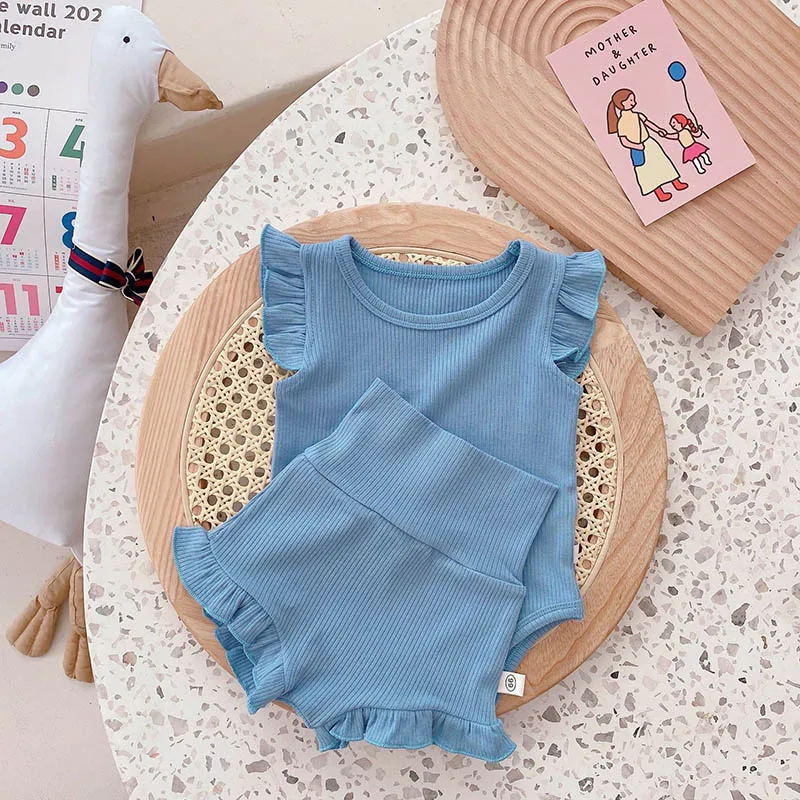 

Toddle Girls Clothing Set Summer Solid Color Infant Baby Flying Sleeve Rompers And Shorts Outfits 2pcs Kids Casual Suits 0-24M
