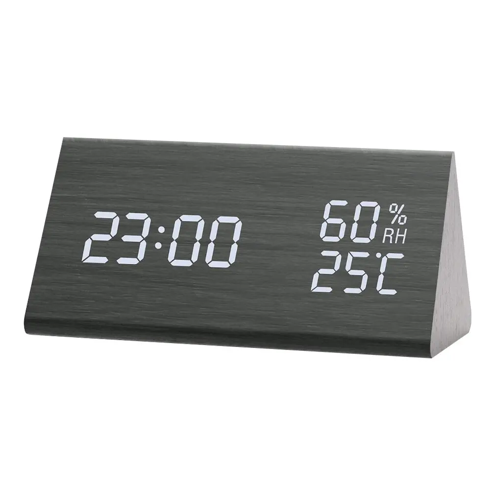 

Humidity And Temperature Alarm Clock Triangle Digital Baby Room Wood Clock Mute Luminous Led Electronic Gift