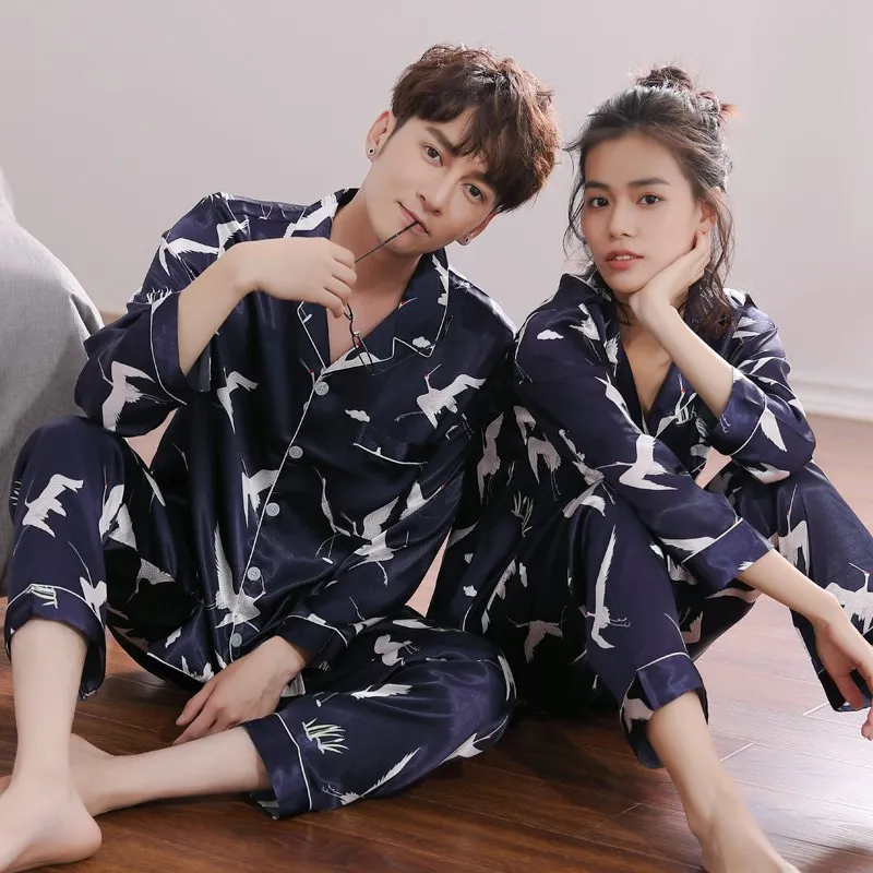 

Print Crane Nightwear Summer Couple Pajamas Women's Long Sleeve 2PCS Sleep Sets Casual Men Home Wear Lapel Intimate Lingerie