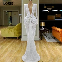 LORIE Glitter White Evening Dresses Mermaid V Neck Beaded Crystal Long Sleeve Sequined Ruched Waist Formal Party Gowns Customize (3)