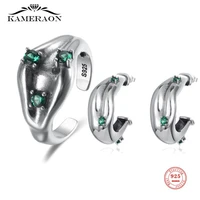 sterling silver 925 oxidation green zircon large earrings opening ring set for women stylish luxury personality fine jewelry