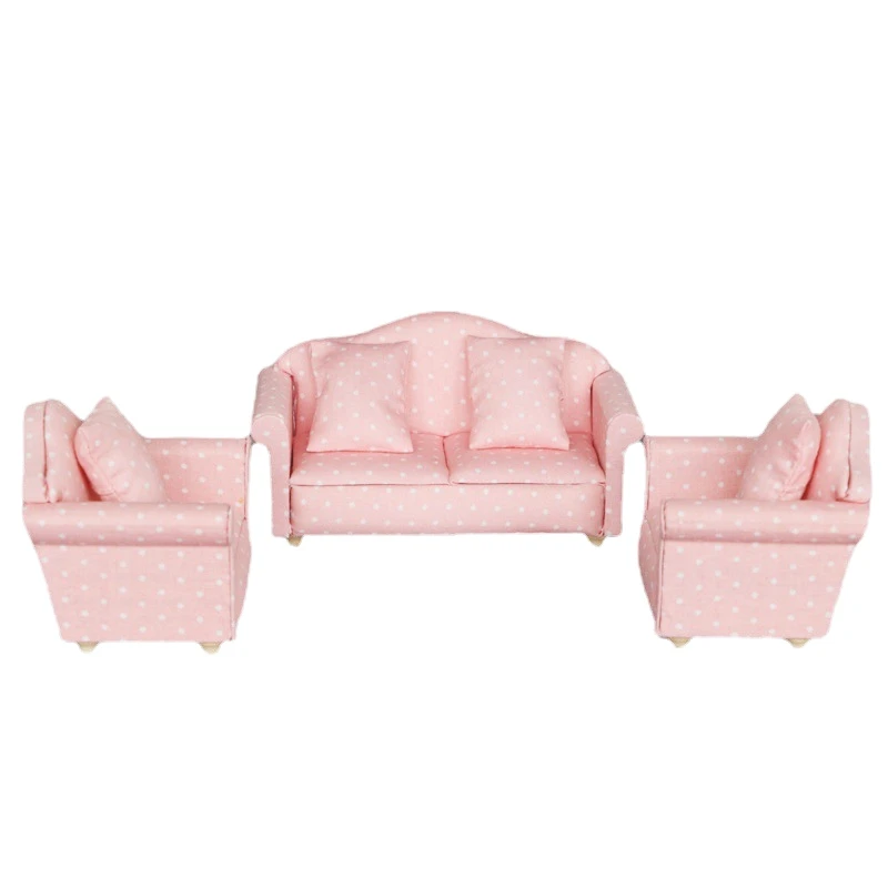 

Mini Dollhouse Sofa, 1/12 Miniature Polka Dot Sofas 3-Piece Sofa Set with 4 Pillows Dollhouse Furniture for Home Bedroom