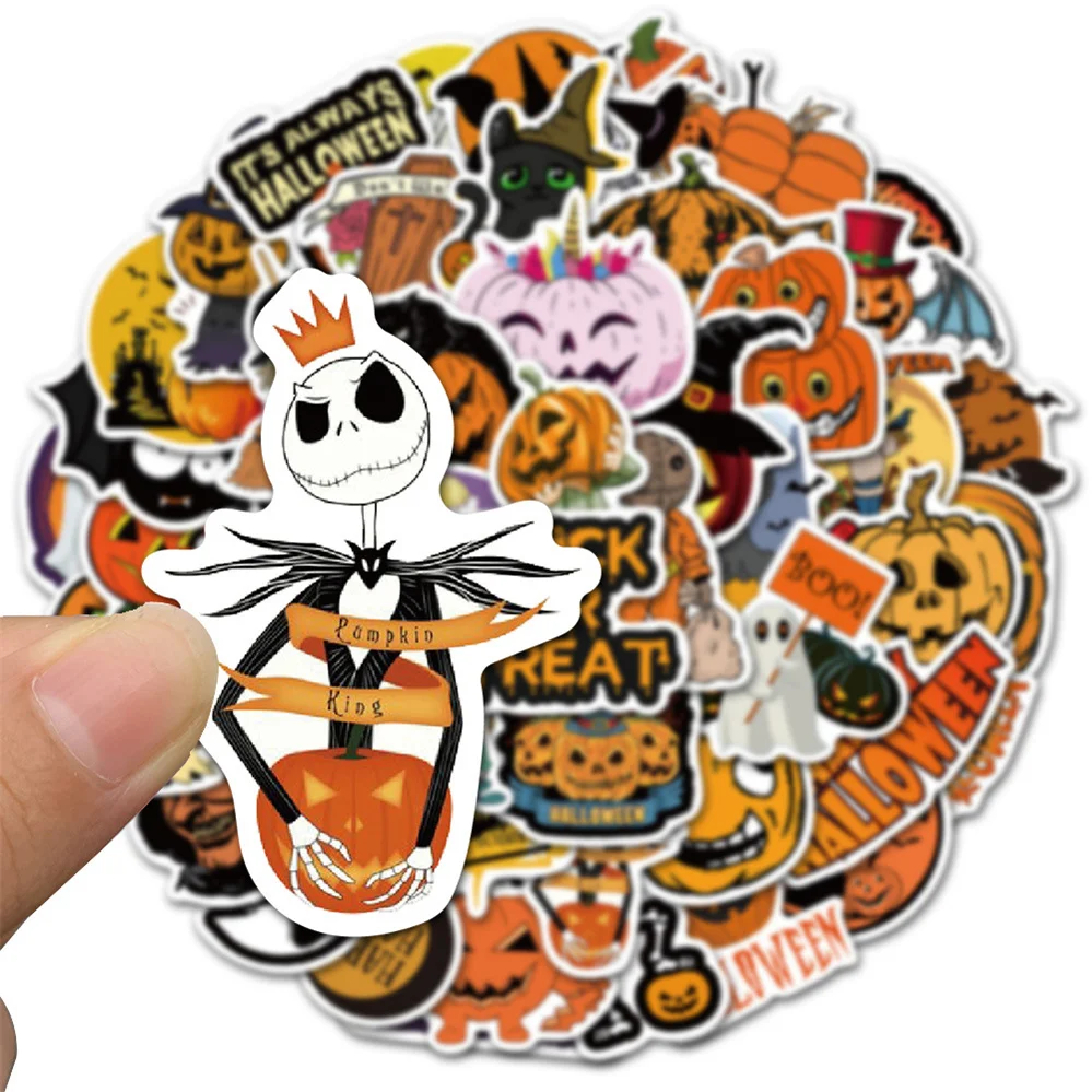 Pegatinas de cabeza de calabaza de dibujos animados, juguetes de decoraci&oacute;n de guitarra impermeables de grafiti para Halloween, 10/30/50 Uds., venta al por mayor-2
