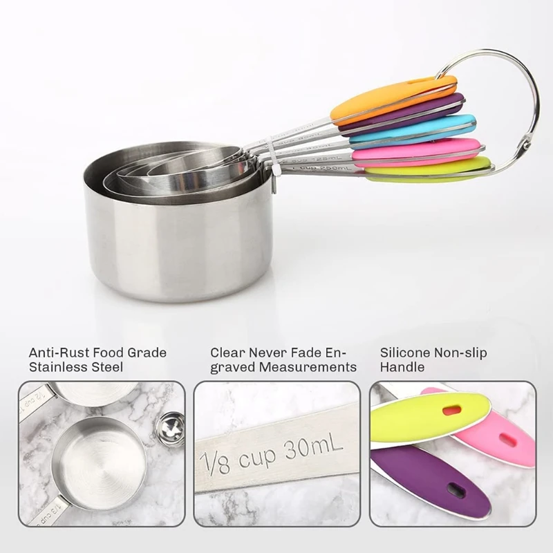 Набор из 10 мерных стаканчиков и ложек нержавеющей стали со шкалой красочные