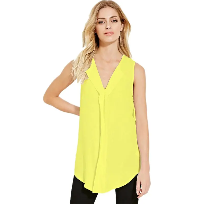 Summer New Women Casual Chiffon Tops Solid Color Ladies Loose V-Neck Sleeveless T-Shirts Plus Size 6XL | Женская одежда