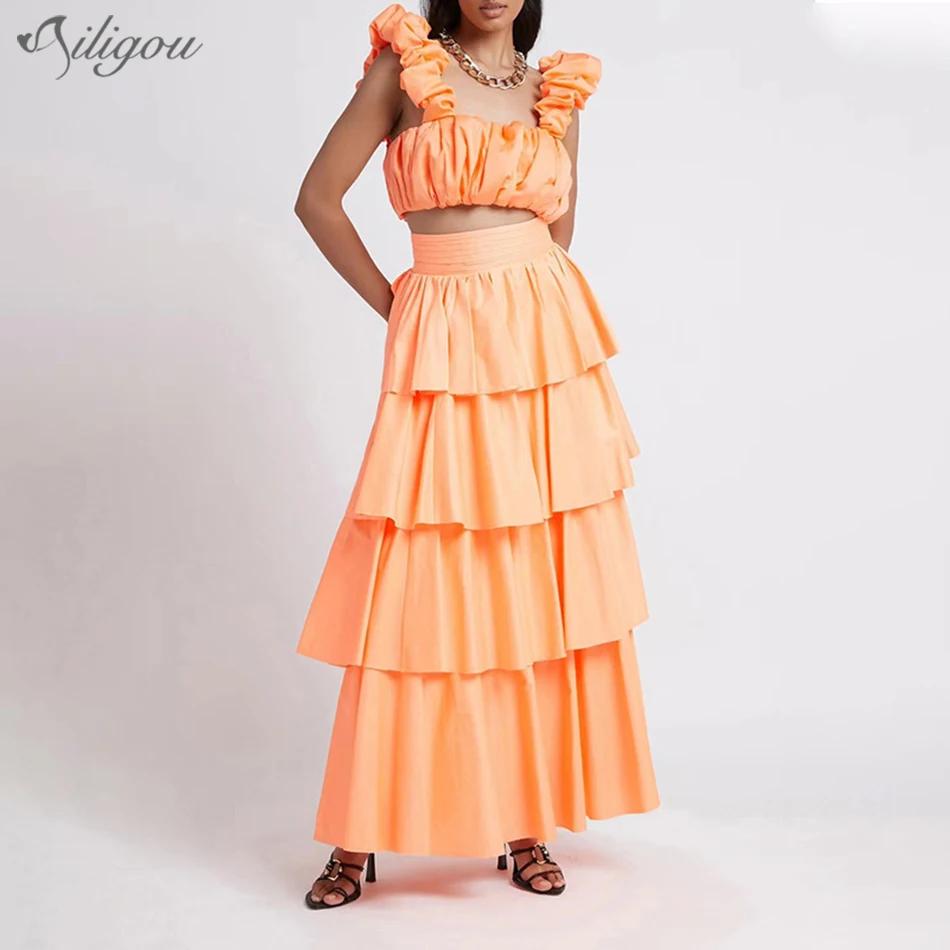 

Комплект женский из двух предметов Ailigou, летний повседневный комплект из топа без рукавов с оборками и юбки средней длины, 2021