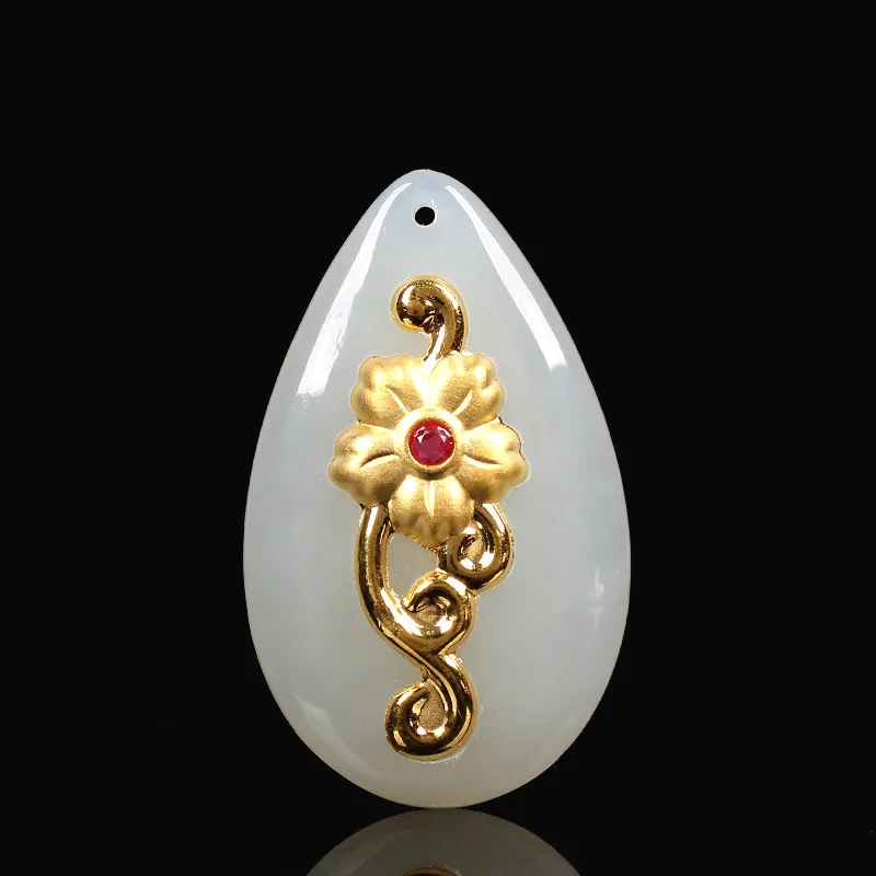 Натуральный китайский белый нефрит мозаика золотой цветок кулон ожерелье модное