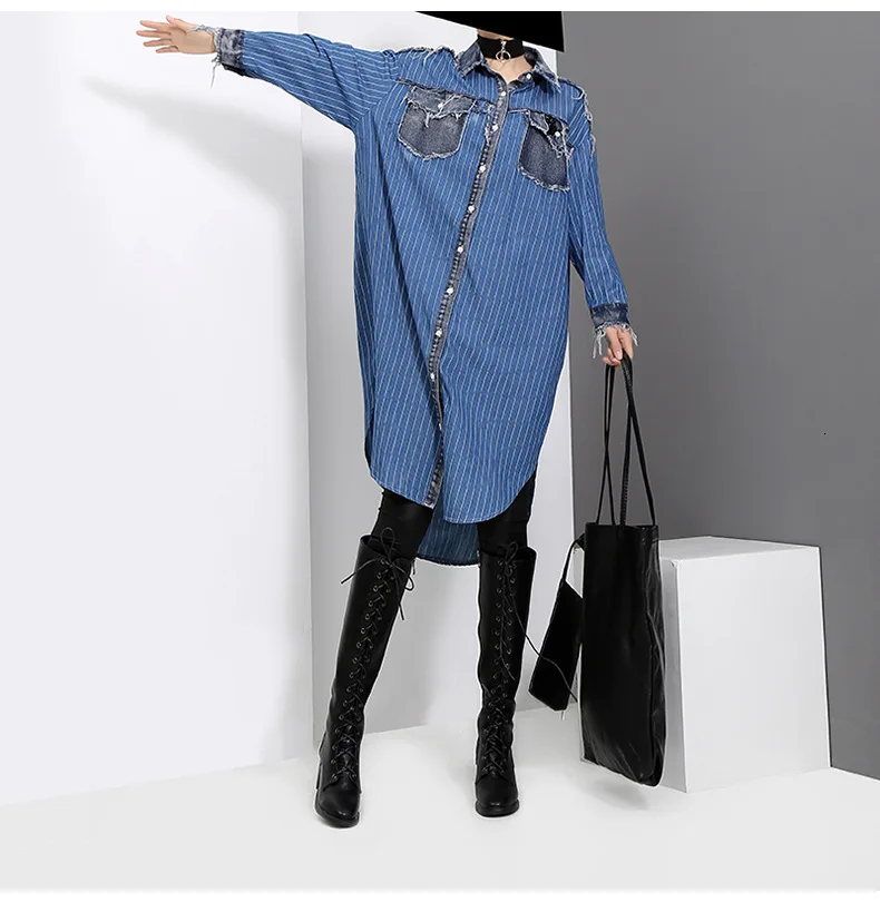 [EAM] женское джинсовое платье в синюю полоску большого размера новое свободное с