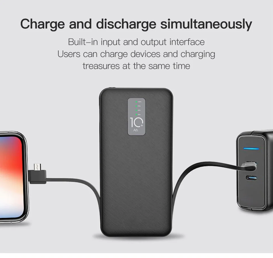 Cager 10000mAh power Bank 3A с кабелем 3 в 1 внешняя батарея для iphone samsung usb type C с входным зарядным кабелем power bank