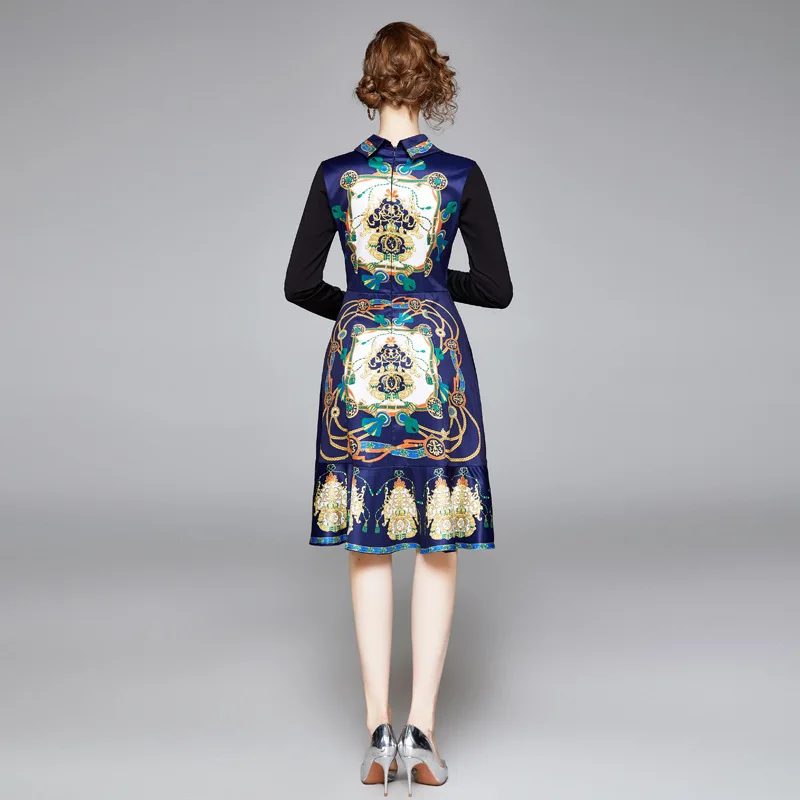 

Euramerican OL Commuter Women Dresses Long Sleeve Printing Patchwork Elegant Fashionable Temperament Noble Trumpet Ladies Dress