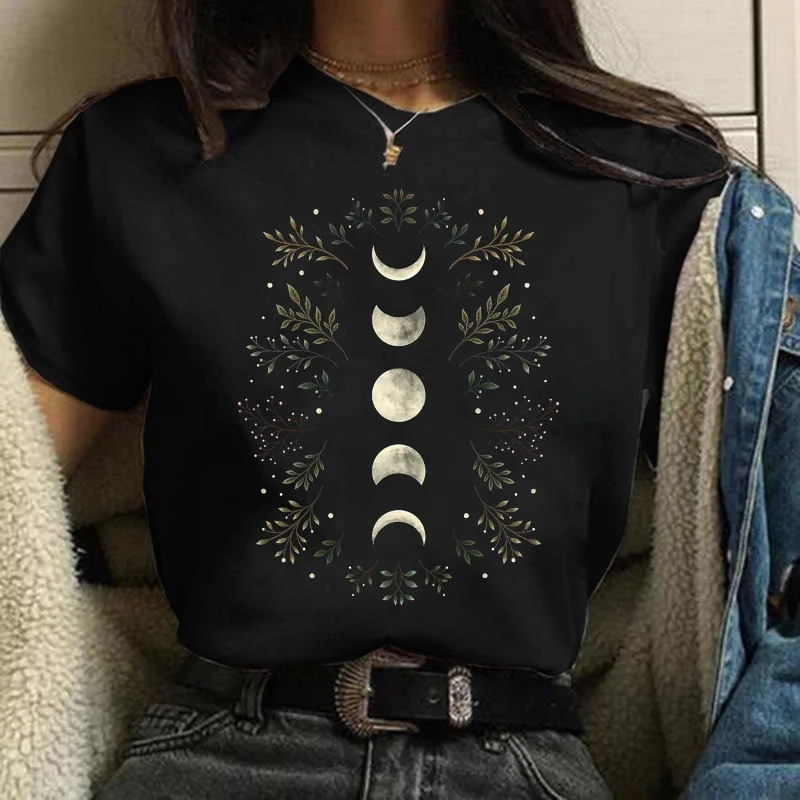 

Plus Size Women Tshirt New Moon Floral Print Women Black T-Shirt Short Sleeve Casual Female Tops 90s Summer Tee Shirts