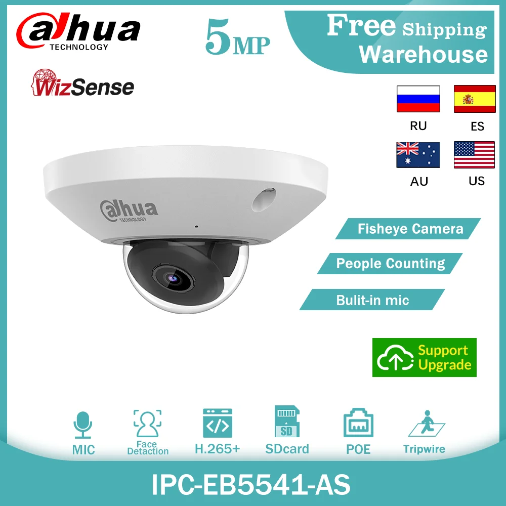 

IP-камера Dahua, 5 МП, "рыбий глаз", WizSense IPC-EB5541-AS, 1,4 мм, встроенный микрофон, H.265 POE, подсчет людей, тепловая карта, камера видеонаблюдения
