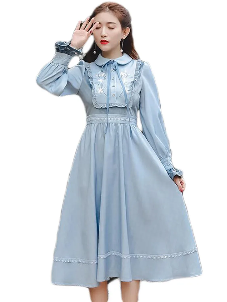 Высокое качество Лидер продаж Ретро Осень Зима Питер Пэн воротник бант цветок