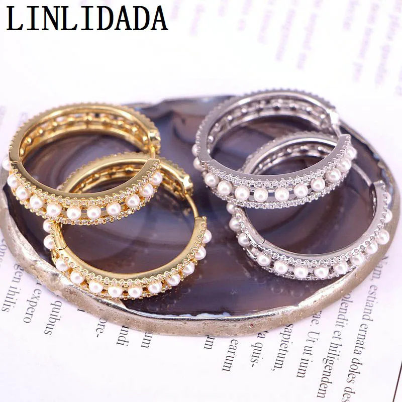 

3 пары 32 мм, модные серьги с микрозакрепкой из фианита, жемчужные бусины, металлические круглые серьги-кольца для женщин и девушек