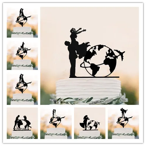 

Mr & Mrs World Map Cake Topper Travel Themed Wedding Bride & Groom Cake Topper for anniversary acrylic