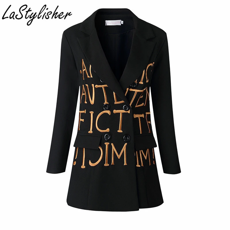 Стильный черный блейзер с длинными рукавами женский модный костюм вышивкой