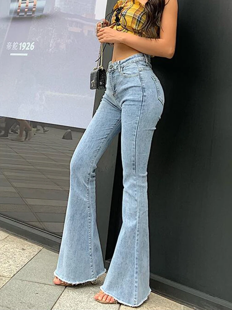 

Fall 2021 Flare Jeans High Waist Women Vintage Denim Pants Ladies Fashion Stretch Pocket Trousers Wide Leg Jeans Bell Bottoms