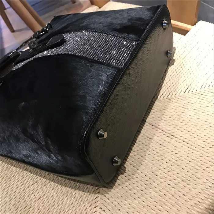 Horse Hair Rhinestone Woman Handbag Genuine Leather Totes Diamond Shoulder Bag Anti-theft Lock Buckle Winter Fur Bags New