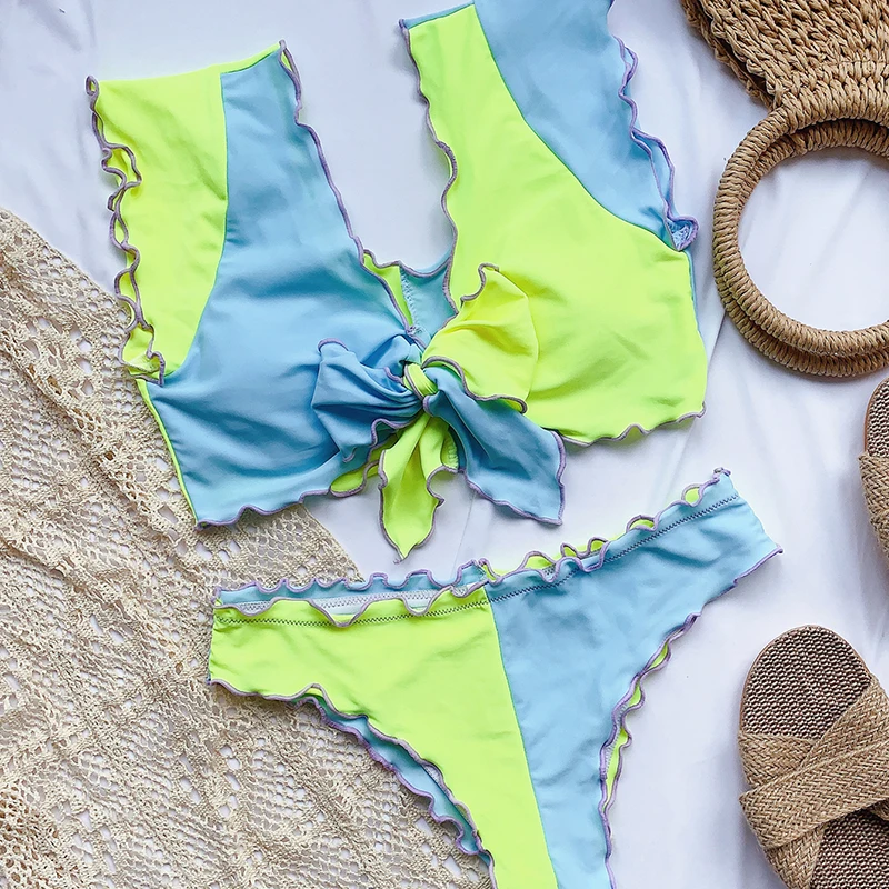 

Ruffle Bikini Set 2021 Sexy Patchwork Bow Swimsuit Women 2 Pieces High Waist Woman Swimwear New Bathing Beach Swimming Suit