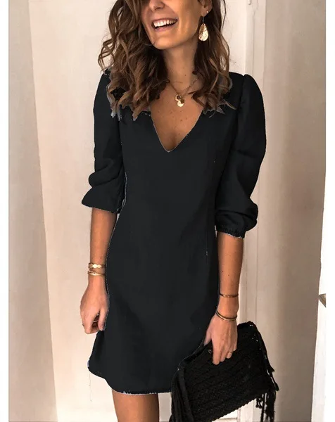 

Women's Spring and Summer Dress V-neck Three Quarter Casual Solid Color Fashion Clothing Patchwork Dresses for Women