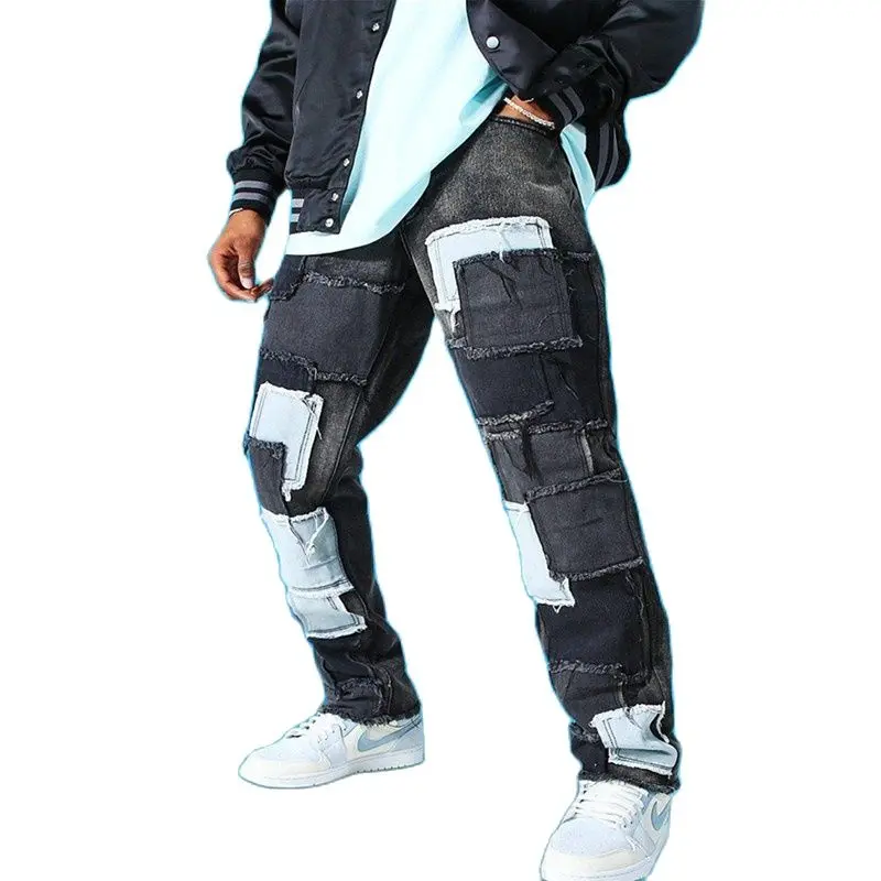 2021 New Men Jeans Slim Patchwork Color Lump Skinny Cacual Designer Black Blue Straight Long Pants Moto & Biker Streetwear S-3XL