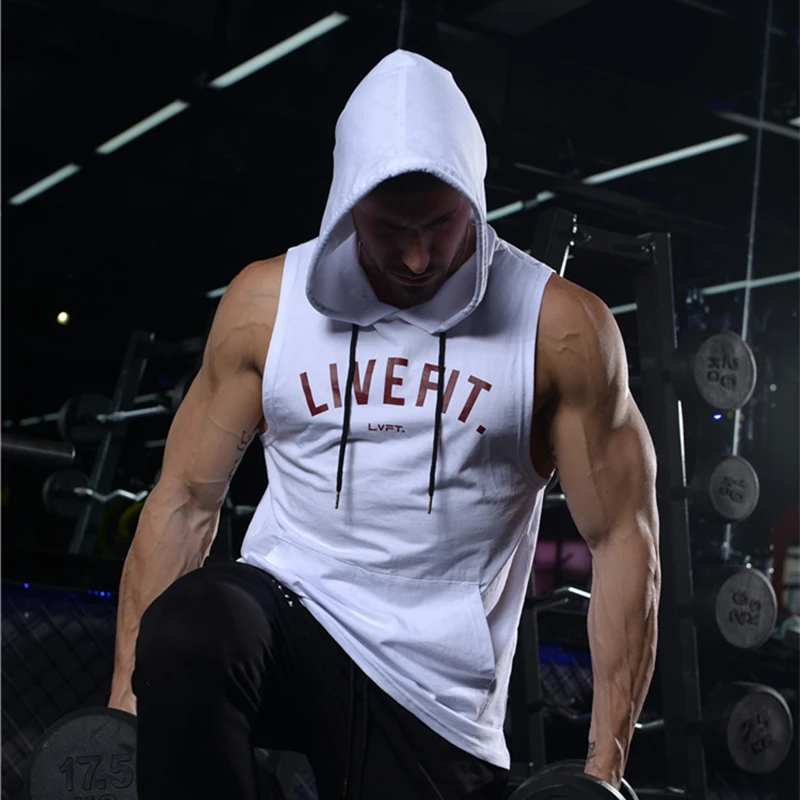 Брендовая мужская майка с капюшоном для фитнеса футболка без рукавов